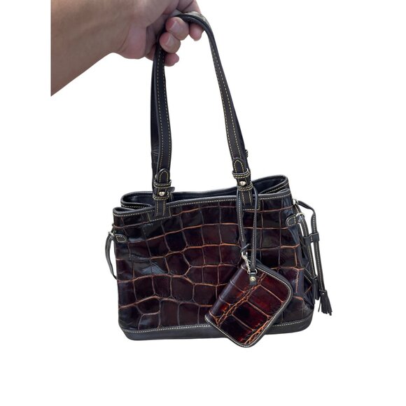 Dooney Bourke Womans Brown Croc Embossed Leather Tote Wristlet Bag SKU 9222 - Picture 1 of 16